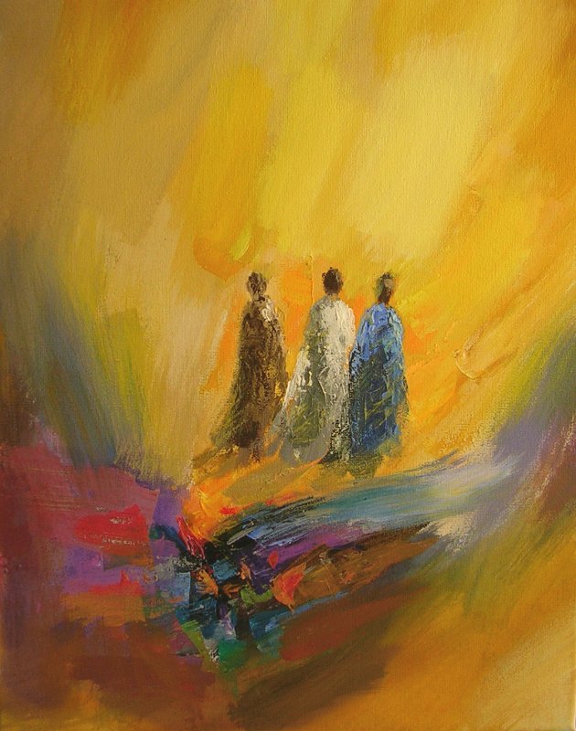 Les pélerins d'Emmaüs. © Chung-hing Peinture sur toile, 27x35cm 
