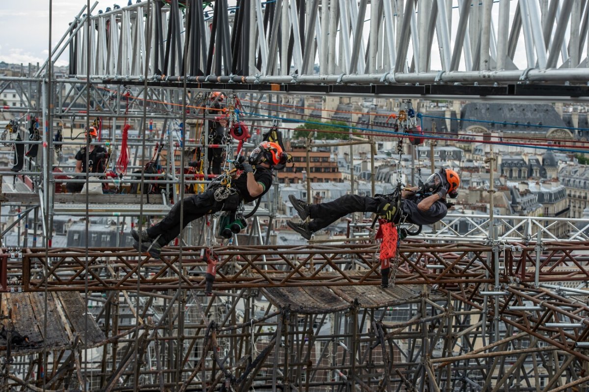 Masqués pour se protéger des potentielles émissions de plomb, les cordistes (…). 12 juin 2020 © Pascal Tournaire / Jarnias.