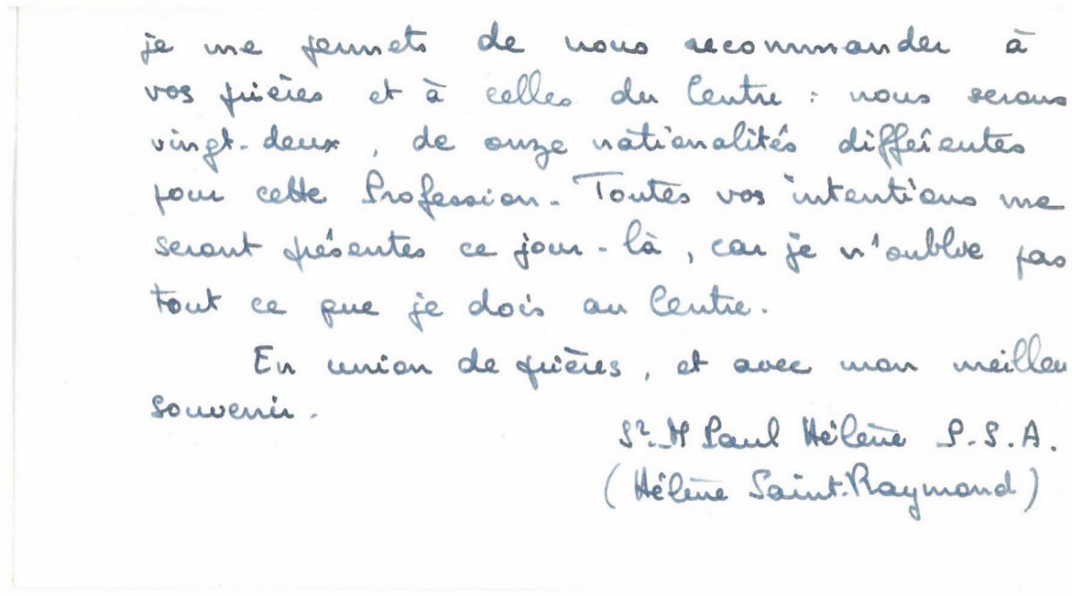 Lettre d'Hélène Saint-Raymond annonçant la cérémonie de ses vœux perpétuels. Verso. © Archives historiques de Paris.