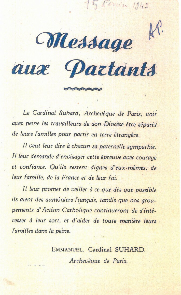 Tract envoyé par le cardinal Emmanuel Suhard, archevêque de Paris, aux (…). © Archives Historiques de l'Archevêché de Paris.