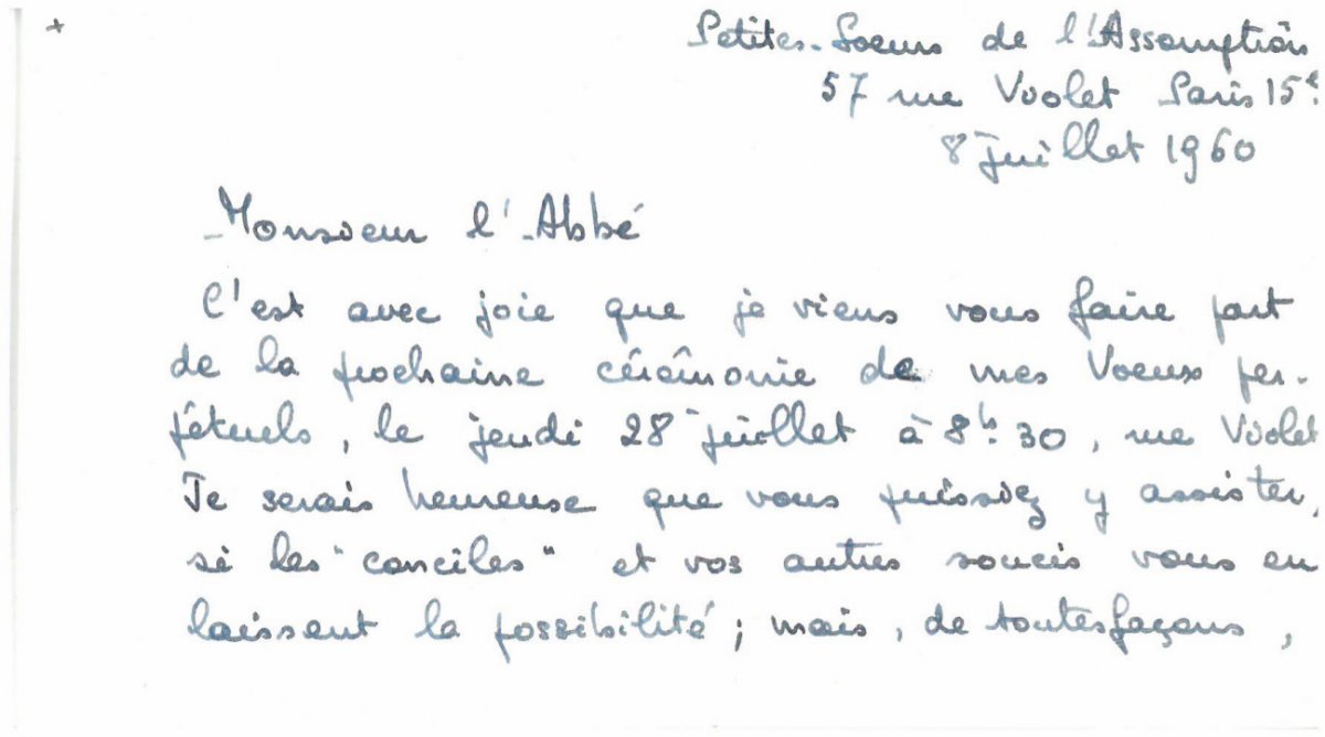 Lettre d'Hélène Saint-Raymond annonçant la cérémonie de ses vœux perpétuels. Recto. © Archives historiques de Paris.