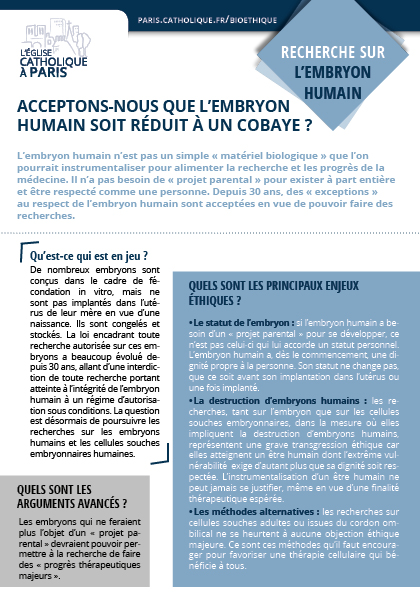 Recherche Sur L'embryon Humain - Diocèse De Paris